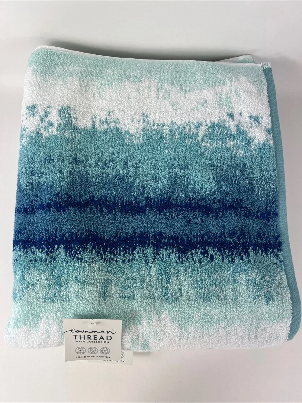 Common Thread Bath Towel Set Blue White Abstract Pattern 100% Cotton 2 pc NEW